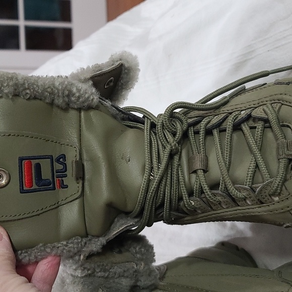 Fila Disruptor Shearling Hiking Boots Khaki Green Gray Faux Fur Chunky Sz 7 EUC - Picture 10 of 12